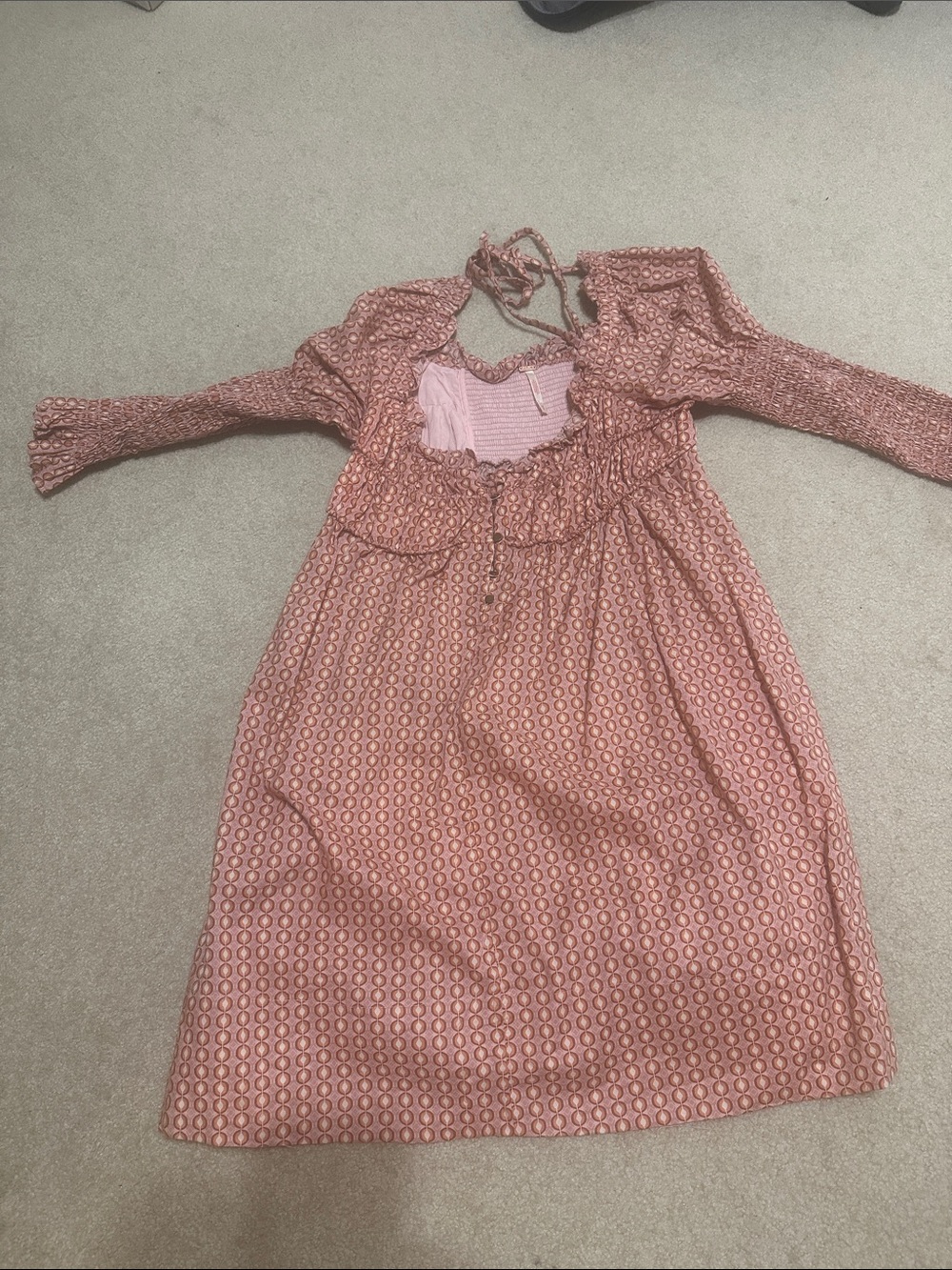 Free People Rose Pink Printed Midi Dress with Smocked Bodice